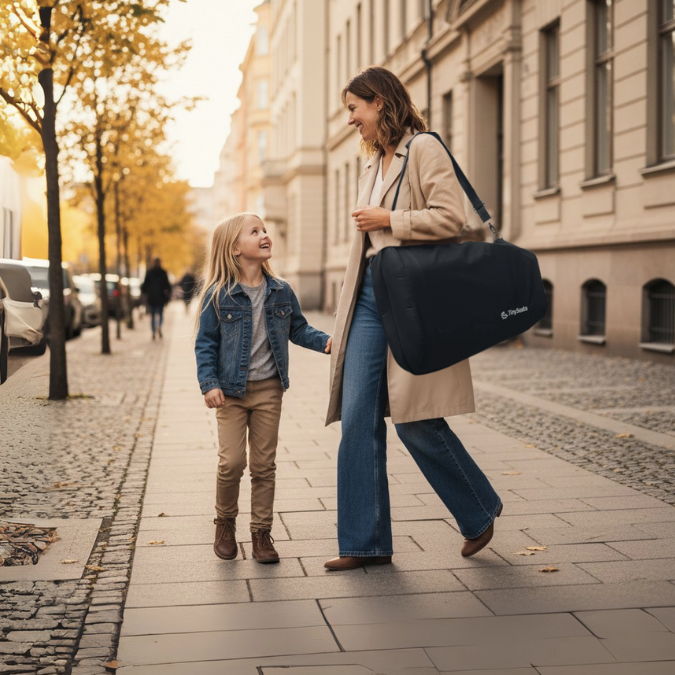 Woman carrying a TinySeats Shoulder Bag with a TinySeats Two. Next to her is her daughter.  They are in Stockholm.