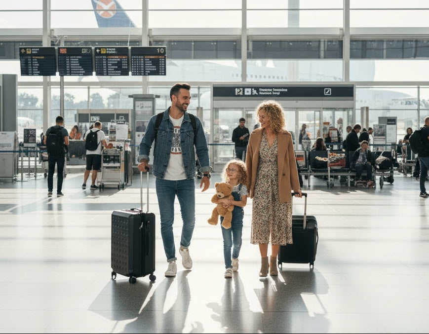 Dad, mom and daughter walking in an airport with their SeatCase