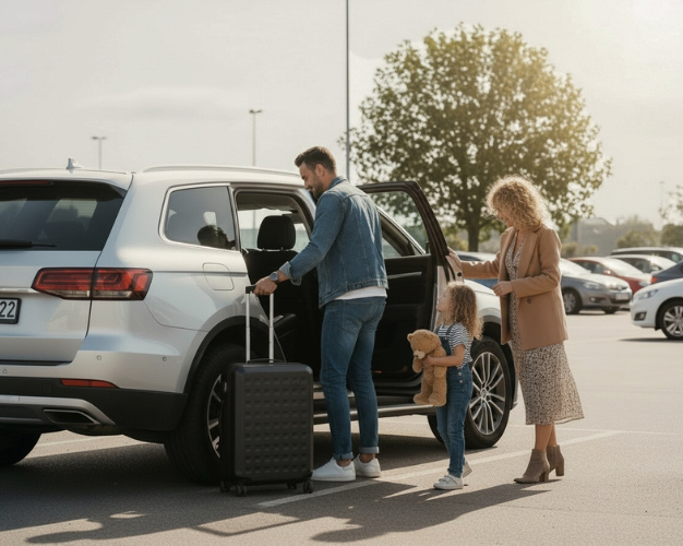 Family of dad, mom and daughter with their SeatCase at an airport, checking out their rental car.