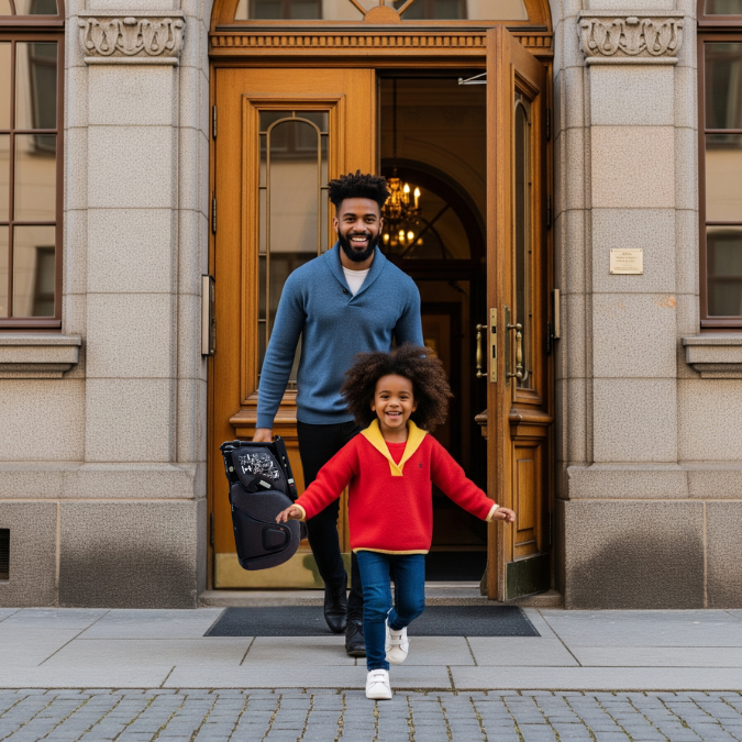 Man and daughter coming out of a door in Stockholm. Man is carrying a TinySeats Two in his hand. Girl is happy.
